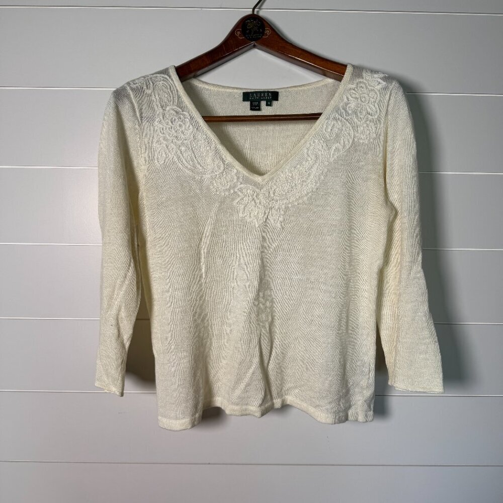 Lauren Ralph Lauren 100% Linen Light Knit Sweater Ivory 3/4 Sleeve V Neck Sz M